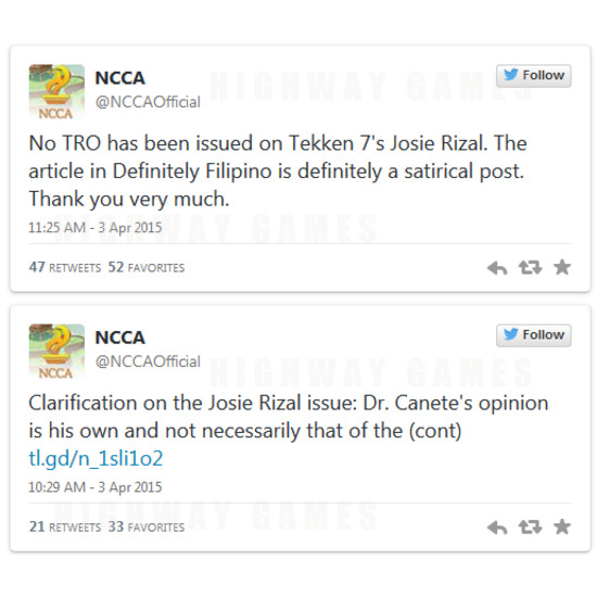 Update on Josie Rizal From Tekken 7 Issue - NCCA Tweet, Josie Rizal, Tekken 7, No TRO